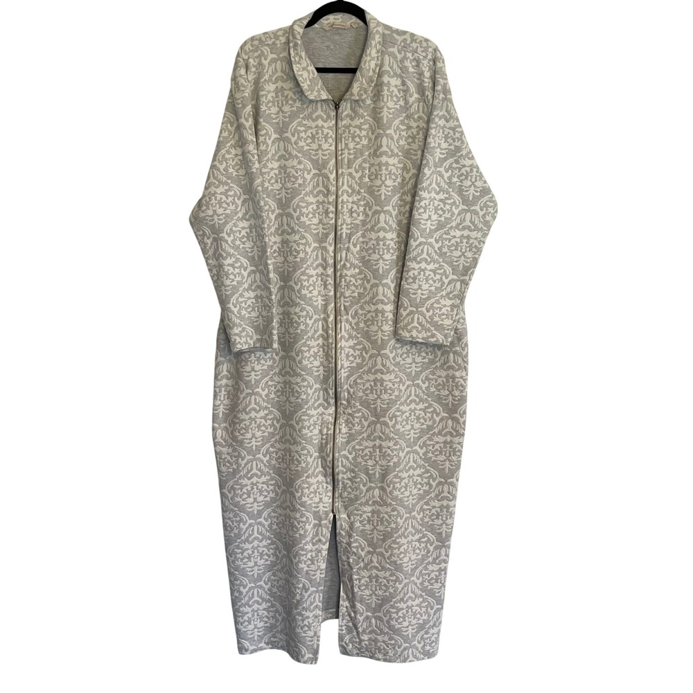Soft Surroundings Grey White Damask Zip Front Robe Housecoat 3X 5CD06 Plus Size